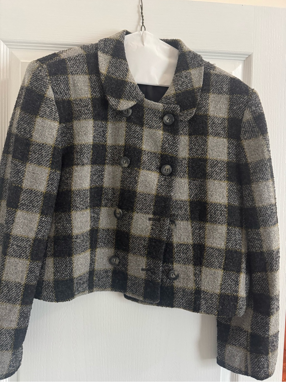 Wool vintage Blend Black & Gray Plaid Peacoat Jacket